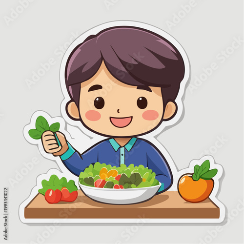 Cute Cartoon Boy Preparing a Healthy Salad