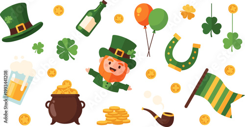 St Patricks Day Icon Set Featuring Leprechaun, Clover, Beer Mug, Pot of Gold, Horseshoe, Flag, and Festive Irish Elements Flat Vector Illustration