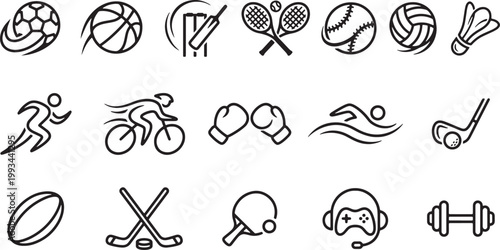 Sports outline icon set with balls equipment and athlete activities vector line illustration