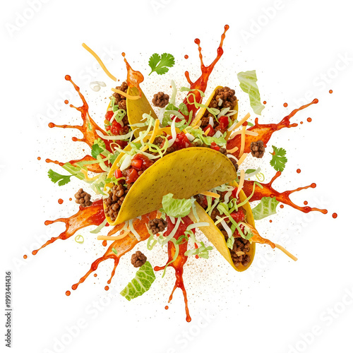 Vibrant tacos with lettuce, cheese, and salsa splashes isolated on white background