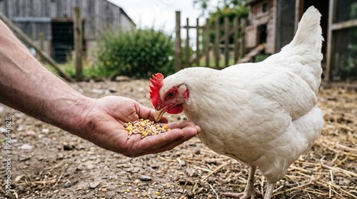 Farmer feeding white chicken from hand with grain on organic farm, close-up
