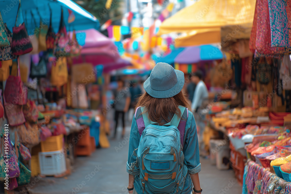 Obraz premium Woman backpacker walking through the local market.