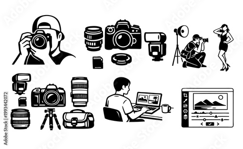 Photography Workflow Icons Showing Various Stages From Capturing to Editing, Featuring Professional Photographers, Modern Camera Gear, and Digital Post Production Tools for Creative Artists