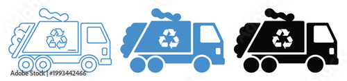 Garbage truck icon set, multiple style collection, modern vector icons of waste collection trucks in clean and minimal styles, recycling and sanitation service symbols.
