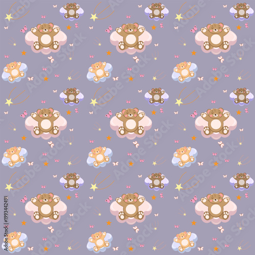 Cute seamless vector pattern with sleeping teddy bears on fluffy clouds