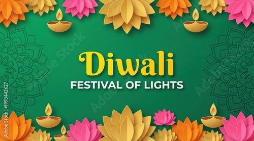 Paper Cut Style Diwali Festival of Lights Greeting Card with Lotus Flowers and Diya Lamps