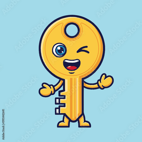 Cute Golden Key Character Winking and Waving.