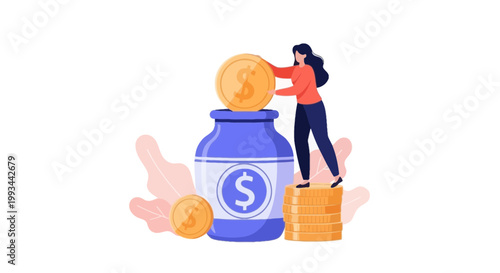 Creative Illustration of a Woman Stepping on a Dollar Coin with a Moon in a Bottle