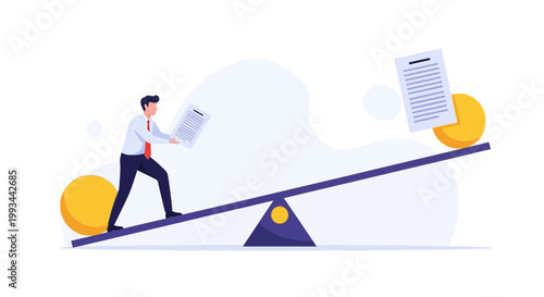 Businessman Balancing on Seesaw with Document and Coin Illustration