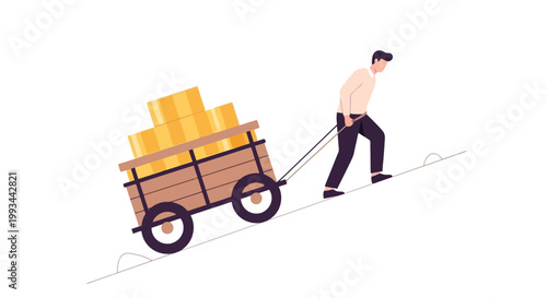 Man Pulling a Cart Loaded with Gold Coins Illustration