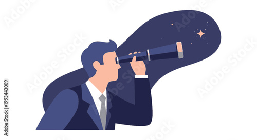 Businessman Looking Through Telescope Symbolizing Future Vision and Goals