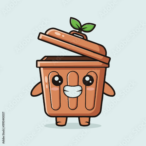 Cute Trash Can Character with Sprout Growing.