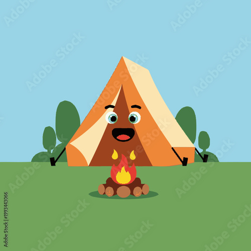 Happy Cartoon Tent and Campfire Character Illustration.