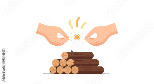 Hands Building a Wooden Log Pyramid with Sparks and Fire