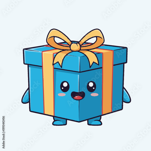 Cute Blue Gift Box Character with Happy Face and Yellow Ribbon.