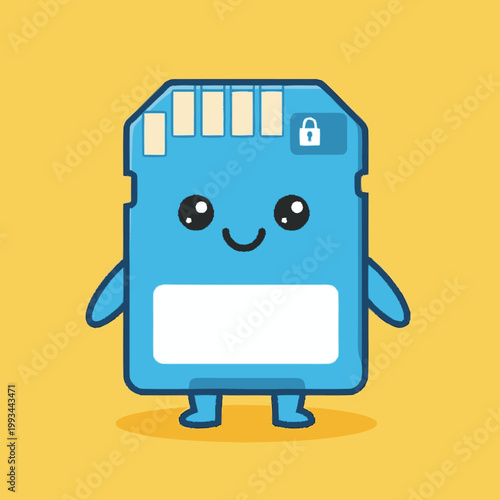 Cute Blue SD Card Character with Happy Face.