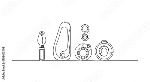 Set of climbing carabiners and ascender, isolated on white background, line art illustration