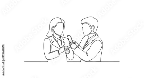 Business people discussing work on a smartphone, minimalist line art