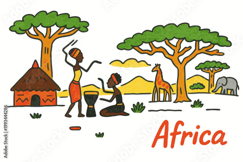 african savanna wildlife and village scene flat design vector illustration