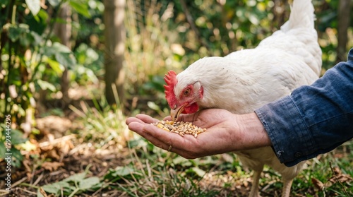 Farmer hand feeding white hen grain outdoors in natural farm setting