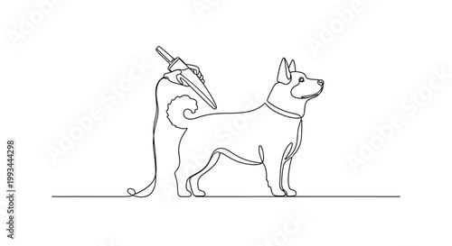 Dog Grooming Line Art: A Stylized Dog Being Brushed by a Groomer's Hand