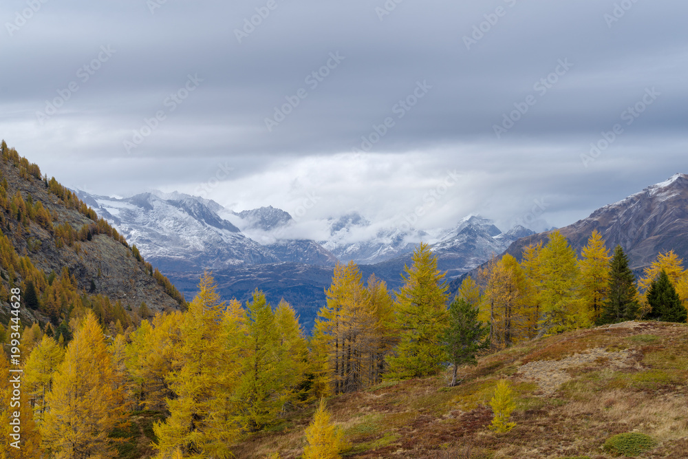 Fototapeta premium Mountain scenery on the Simplon Pass between the Lepontine Alps and the Pennine Alps in Switzerland, just across the international border between Switzerland and Italy