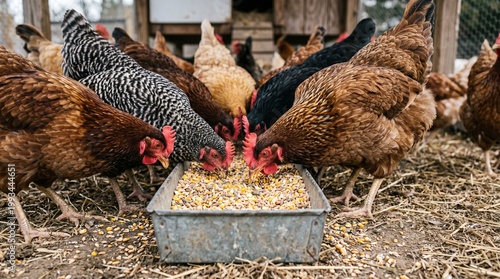 Flock of Chickens Eating Feed from Trough on Farm