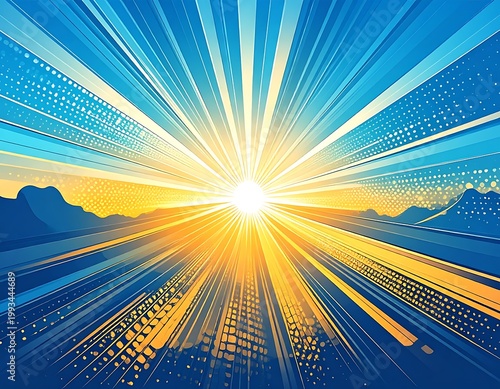 A vibrant sunrise illustration with a bright sun, radiating rays over a landscape. A pop-art style with blue, yellow, and orange hues