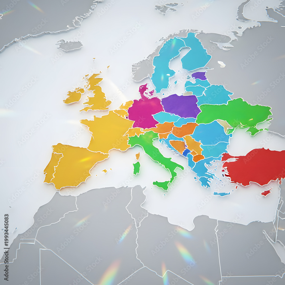Fototapeta premium Colorful map of Europe with different countries highlighted in various shades, illustrating political and economic divisions