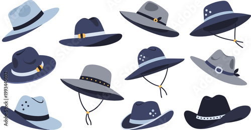 Wide Brim Hat Icon Set Featuring Fedora, Cowboy, and Sun Hats in Various Styles for Fashion and Accessories Flat Vector Illustration