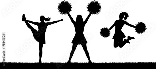 Diverse black silhouette illustrations of cheerleaders performing stunts and formations, showcasing teamwork, energy, and athletic routines, cheerleader silhouette, sport silhouette, action silhouette