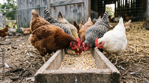 Flock of Chickens Eating Feed from Wooden Trough on Farm