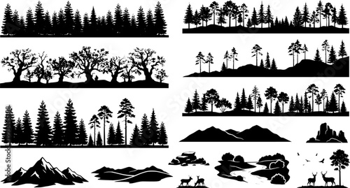 Seamless silhouette forest landscape with multiple rows of pine trees