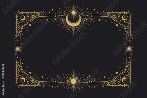 Celestial Golden Frame with Mystic Tarot Card Motifs, Sun, Moon, and Stars. Elegant Decorative Filigree Ornament for Invitations, Posters, and Esoteric Designs on a Dark Background.