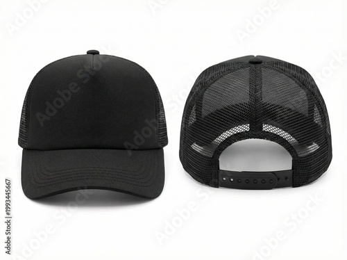 Blank Black Trucker Cap Mockup, Front and Back View Mesh Snapback Hat Isolated on White Background