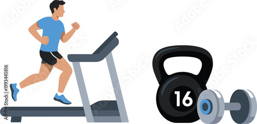 Man running on treadmill with kettlebell and dumbbell for home fitness training