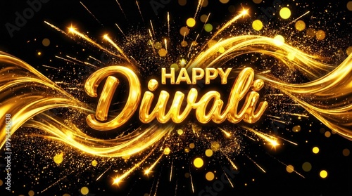 Golden 3D Happy Diwali typography with sparkling light trails and bokeh for luxury festive greeting