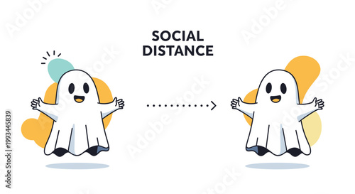 Two cute cartoon ghosts maintaining social distance indicated by a dotted arrow for pandemic safety and health awareness concept.