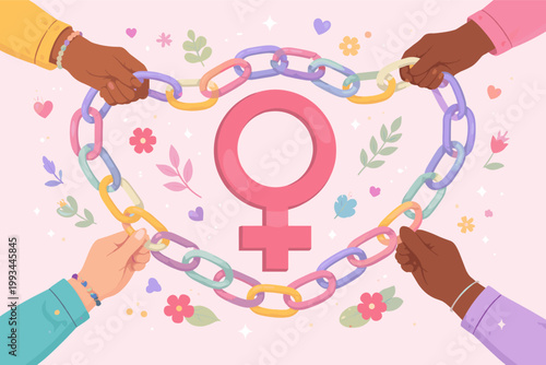 International Women's Day Illustration with Pink Female Symbol and Heart Shaped Chain Held by Diverse Hands, Representing Global Unity, Gender Equality, Sisterhood, and Women Empowerment Concept