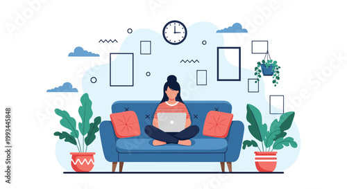 Woman working on a laptop while sitting on a comfortable blue sofa in a cozy home office decorated with green indoor plants.