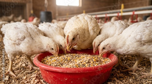 Young chickens eating from a red bowl of feed in a barn