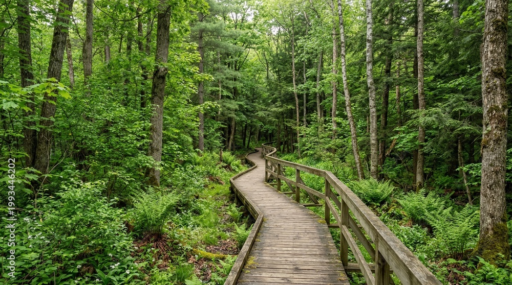 Fototapeta premium Wooden boardwalk winding through a lush green forest, surrounded by trees and ferns.
