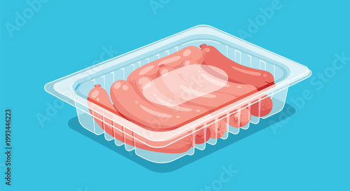 Isometric view of a transparent plastic food container filled with fresh raw sausages ready for cooking or storage on a blue background.