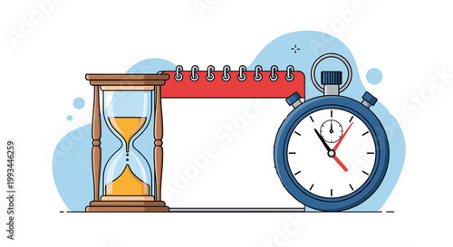 Time management concept illustration featuring an hourglass, a desk calendar, and a digital stopwatch for planning and efficiency.