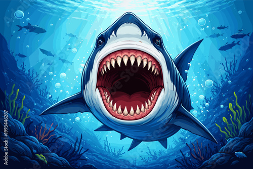 Vibrant vector illustration of a powerful great white shark with its massive jaws wide open, revealing rows of sharp teeth, swimming through a sunlit coral reef in the deep blue ocean water.