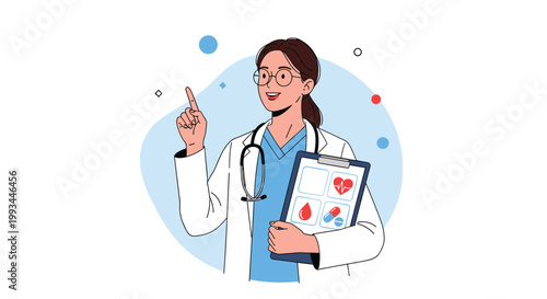 Female doctor in a white coat holding a clipboard with medical icons and pointing up to share important health advice and information.