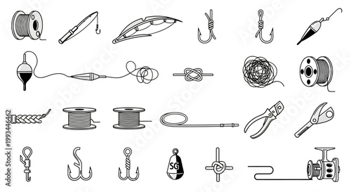 Collection of fishing gear icons and illustrations.
