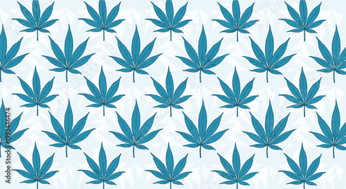 Seamless pattern with dark blue cannabis leaves arranged on a light blue background for botanical and herbal design applications.