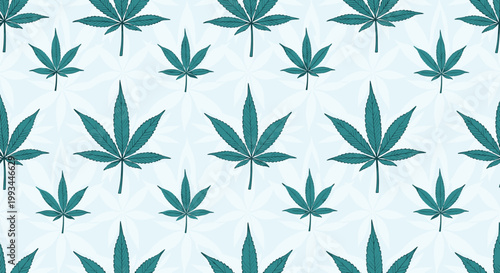 Botanical seamless pattern featuring green cannabis leaves with faint background shapes on a white field for natural product themes.
