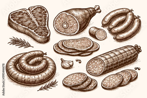 Vintage Woodcut Style Collection of Assorted Meat Products Featuring T-Bone Steak, Ham, Sausages, Salami, and Deli Meats with Garlic and Herbs. Hand-Drawn Engraving Illustration for Butcher Shop.